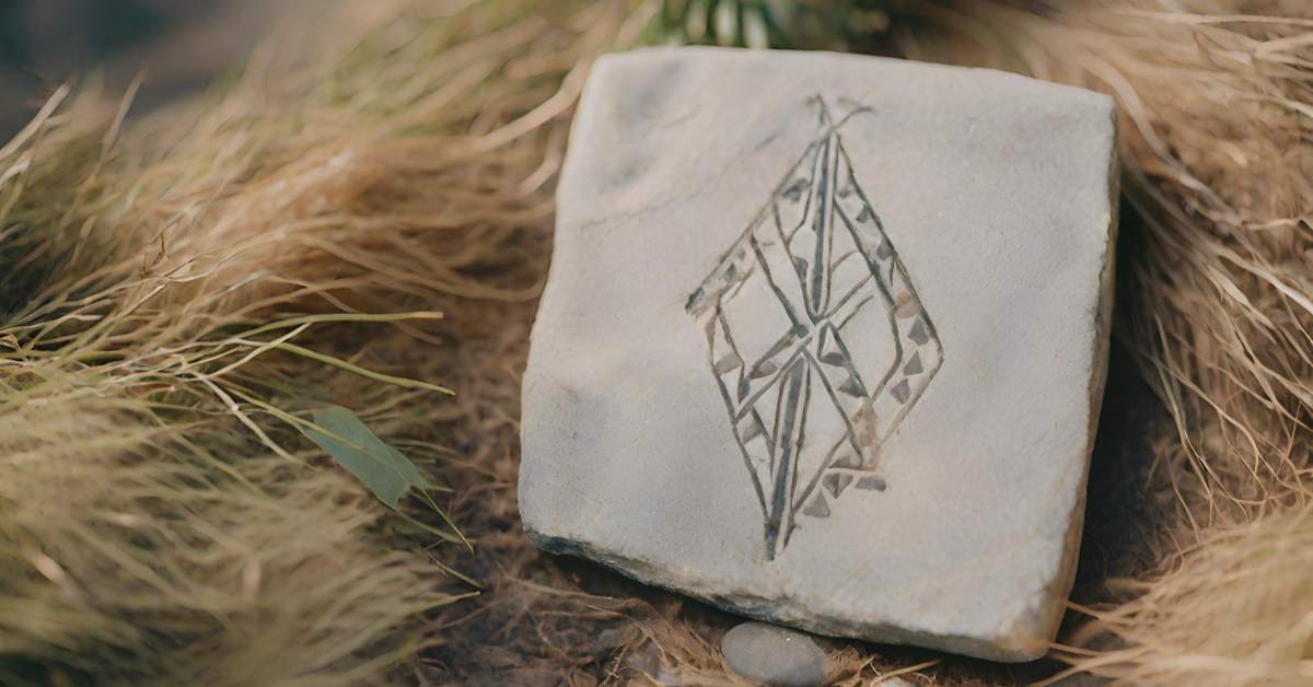 A stone with a design on it sits in the grass.